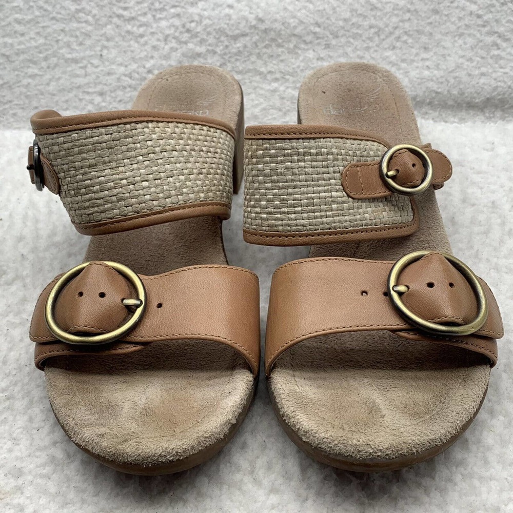 Dansko Debby Wedge Sandals Womens 39 Full Grain Raffia Tan Brown Leather Woven - Picture 2 of 14
